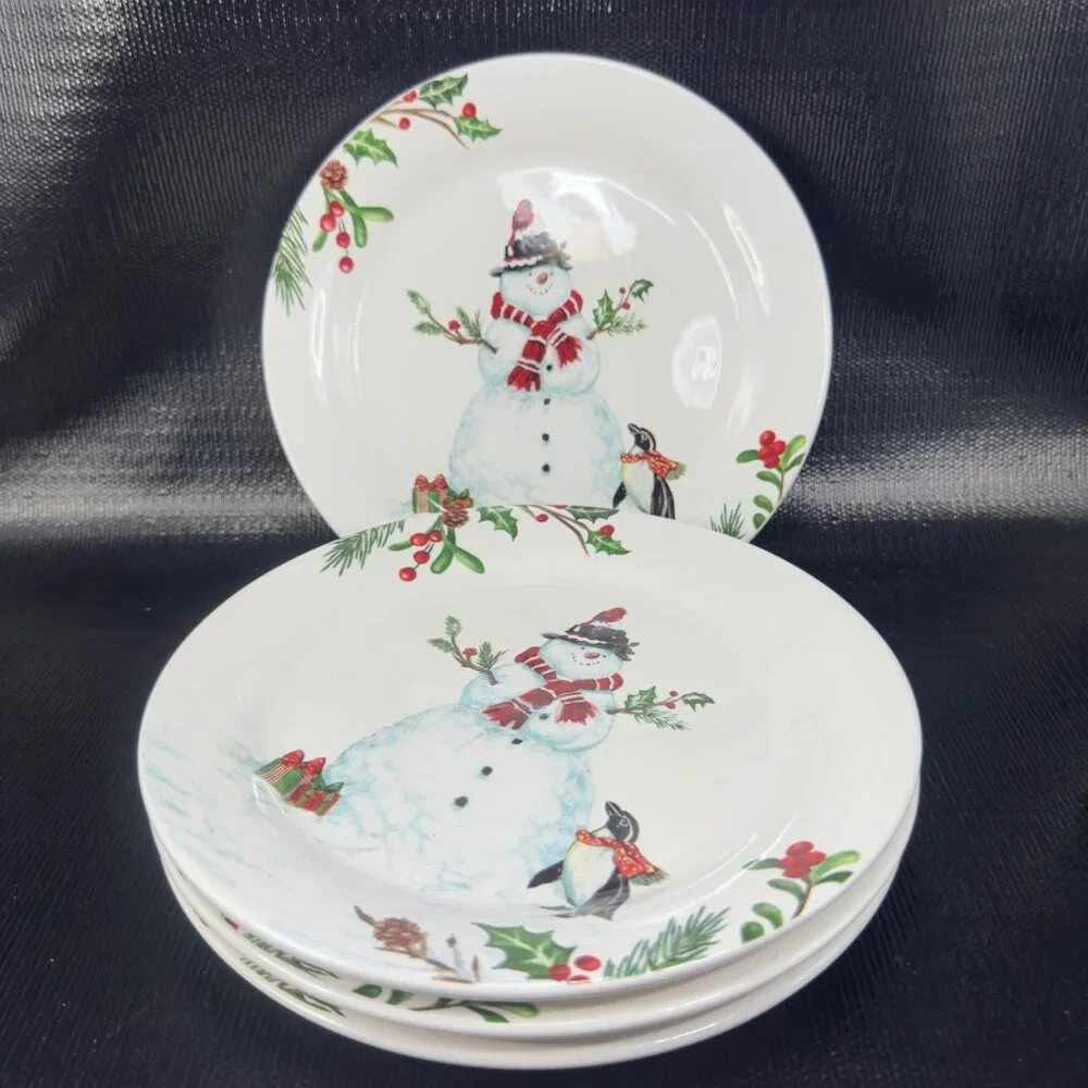 PIER 1 Winter Wonders Ironstone Plate Dish Set 4 Snowman Penguin Christmas 9inch